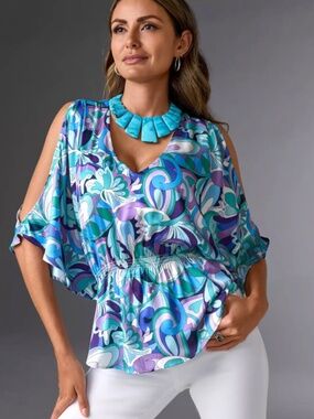 Boston Proper Maldives Abstract Cold Shoulder Blouson Blouse